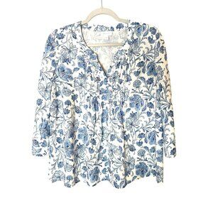 J. Jill Love Linen Pintucked Popover White & Blue Floral 3/4 bell Sleeve Top XS
